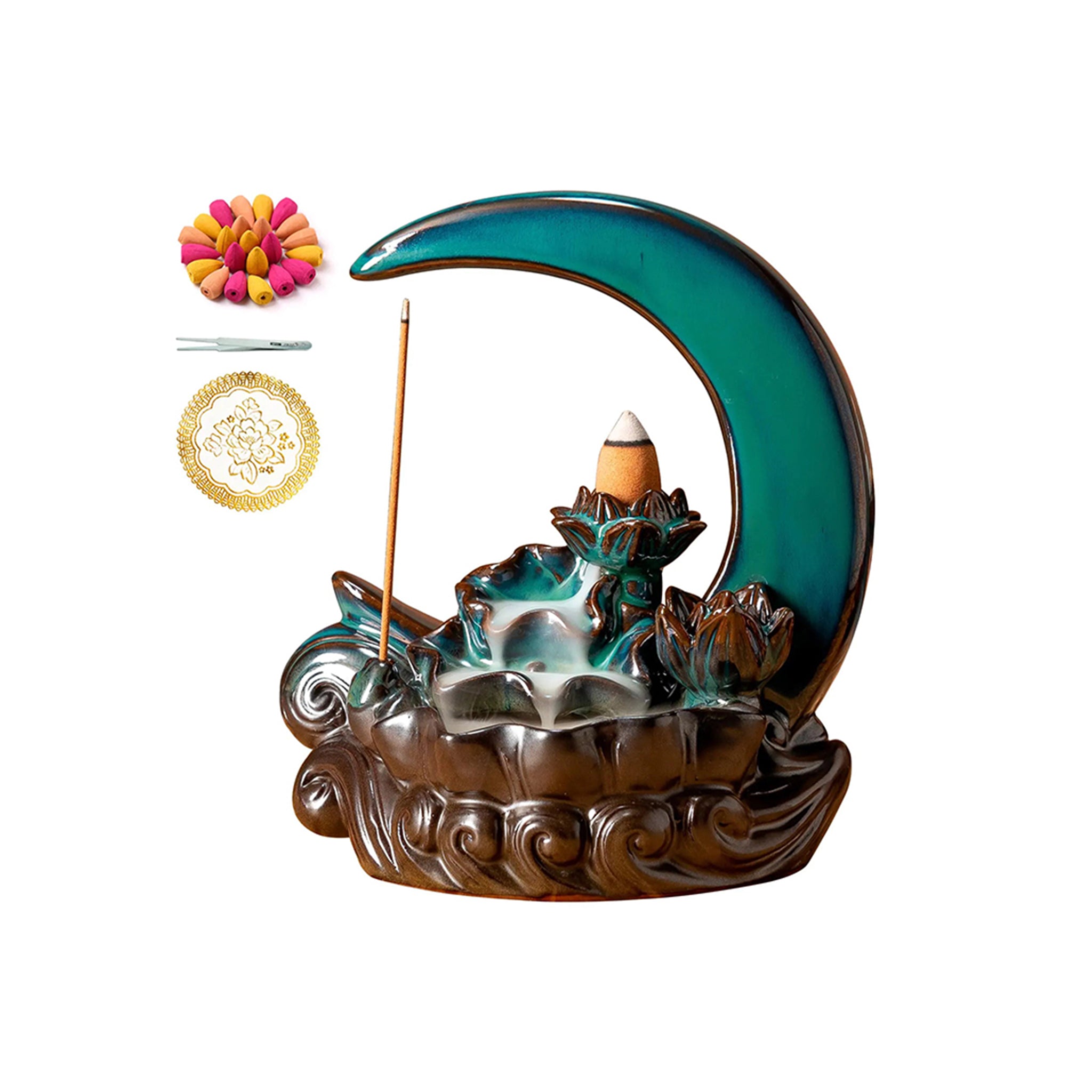 Garmoly Moon wierookbrander met 60 wierookkegels + 30 wierookstick keramische waterval wierookbrander achterstroom wierookhouder voor aromatherapie ornament Home Decor (cyaan)