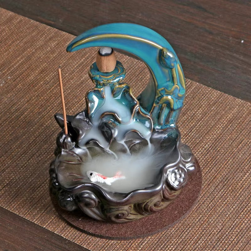 Brûleur d'encens de la lune Garmoly avec 60 cônes d'encens + 30 encens en céramique cascade encens du brûleur de back-reflux d'encens pour décoration intérieure d'ornement d'aromathérapie (cyan)