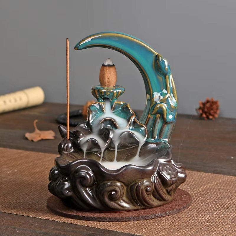 Brûleur d'encens de la lune Garmoly avec 60 cônes d'encens + 30 encens en céramique cascade encens du brûleur de back-reflux d'encens pour décoration intérieure d'ornement d'aromathérapie (cyan)