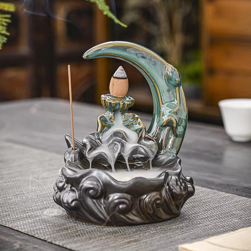Brûleur d'encens de la lune Garmoly avec 60 cônes d'encens + 30 encens en céramique cascade encens du brûleur de back-reflux d'encens pour décoration intérieure d'ornement d'aromathérapie (cyan)