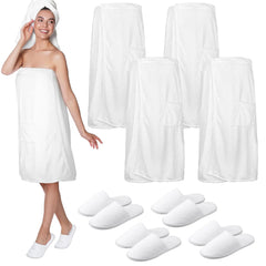 Tigeen 4 sets spa gewaden voor dames spa wraps lichtgewicht wafel handdoek wikkel met zak badgewaad wrap en wasbare hotel slippers voor spa gym sauna bad wit wit