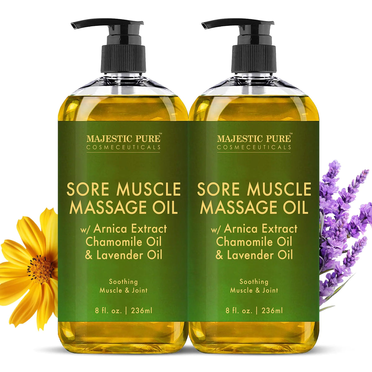 Majestueuze zuivere arnica pijnlijke spiermassageolie voor massagetherapie - natuurlijke olie met lavendel- en kamille etherische oliën - multifunctionele onmiddellijke absorptie Volledige lichaamsmassageolie - 8 fl oz (pak van 2)